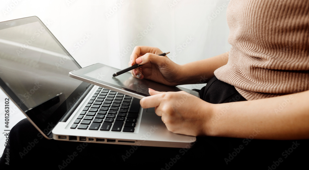 Fototapeta premium Searching Browsing Internet Data Information with blank search bar.businessman working with smart phone, tablet and laptop computer on desk in office. Networking Concept