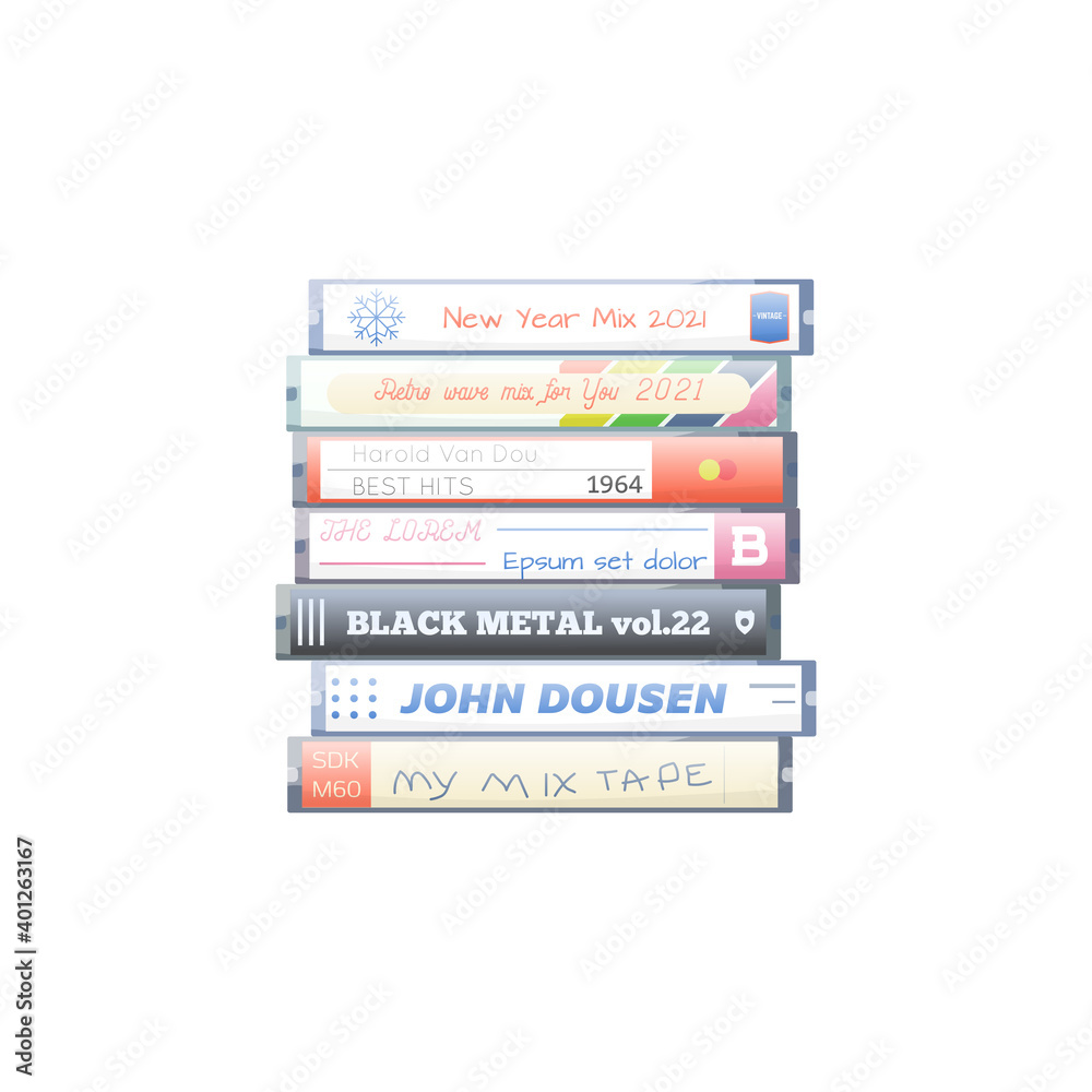 Retro style audio cassette cover and plastic cassette holder. Mix tapes and greatest hits collection. Magnetic cassette box fantasy 80s design. Vector illustration with opacity.