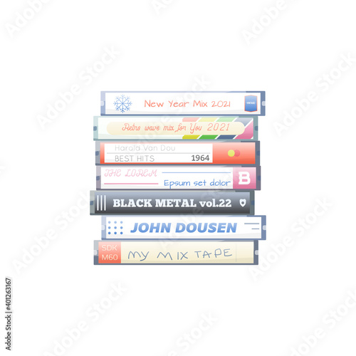 Retro style audio cassette cover and plastic cassette holder. Mix tapes and greatest hits collection. Magnetic cassette box fantasy 80s design. Vector illustration with opacity.