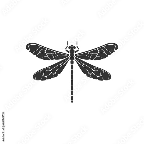 Dragonfly icon. Black dragonfly sign on white background. Flat design. Silhouette icon. Vector illustration