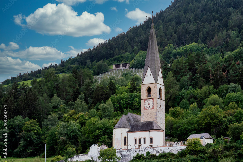 The beautiful Church of San Giorgio in Agumes, South Tyrol, Italy
