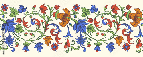 Floral border. Vintage flowers and leaves. Vector ornament.