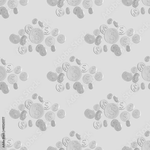 Realistic silver 3d coins with dollar sign seamless pattern. Seamless wrapping pattern of shiny money 3d render illustration