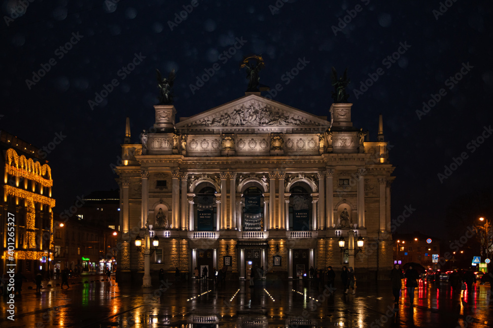 Lviv opera house at nighr after rain