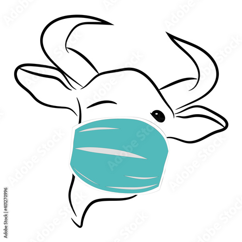 Bull with horns in a medical mask isolated on a white background. Symbol of 2021. 