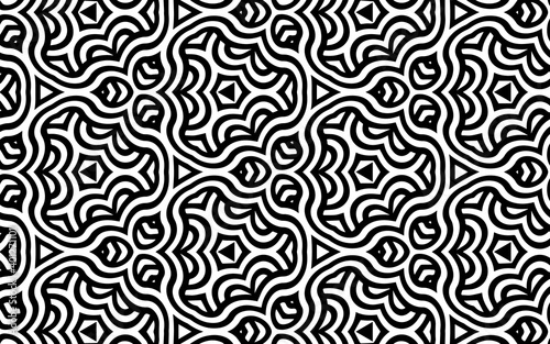 Black white trendy geometric texture with folk abstract indian pattern in doodling style. Ethnic background for wallpaper, textiles, business cards, coloring books. photo