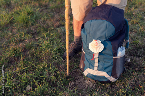 From above of crop unrecognizable male tourist with trekking stick and backpack on meadow in summertime photo