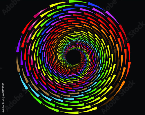  Dotted, dots, speckles abstract concentric circle. Spiral, swirl, twirl element.Circular and radial lines volute, helix.Segmented circle with rotation.Radiating arc lines.colorful