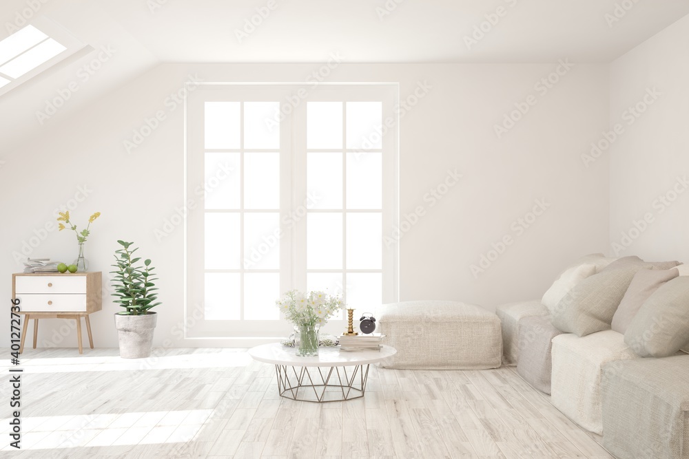 White living room with sofa. Scandinavian interior design. 3D illustration