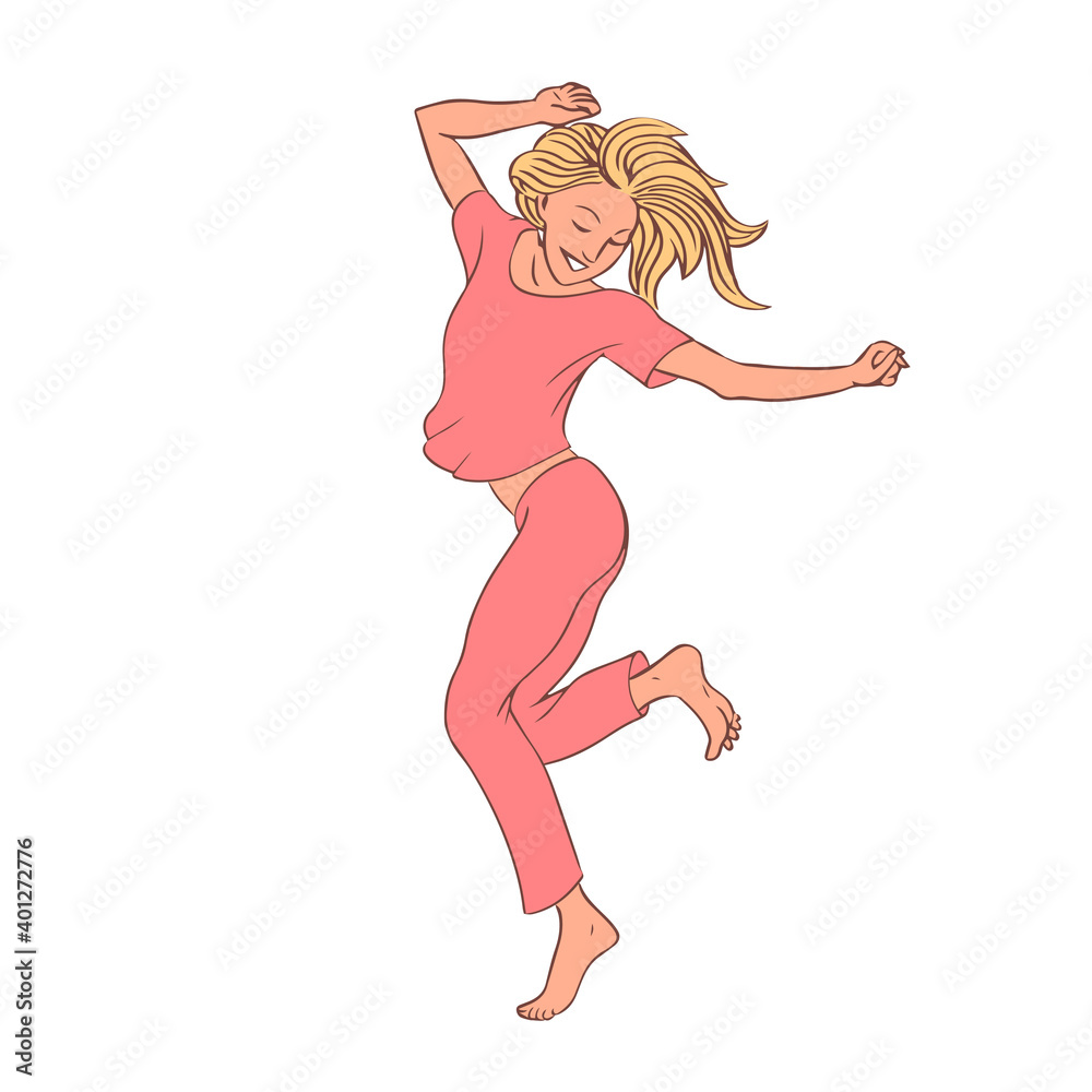 Young beautiful girl dancing. Happy female character. Vector isolated illustration on white background.