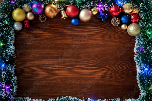 Christmas background, a table decorated with Christmas garland .With New Year and Christmas.