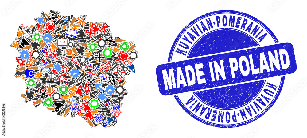 Service mosaic Kuyavian-Pomeranian Voivodeship map and MADE IN textured rubber stamp. Kuyavian-Pomeranian Voivodeship map mosaic created with spanners, gearwheels,screwdrivers,components,transports, Service mosaic Kuyavian-Pomeranian Voivodeship map and MADE IN textured rubber stamp. Kuyavian-Pomeranian Voivodeship map mosaic created with spanners, gearwheels,screwdrivers,components,transports,