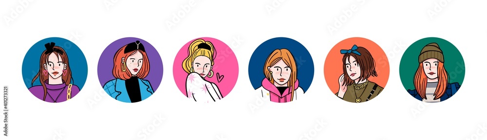 Stylish ladies. Round icons. Portraits of Pretty young women. Fashion models. Fancy look. Cartoon comic, sketch style. Set of six Vector illustrations. Avatar or print template. Social media concept Stylish ladies. Round icons. Portraits of Pretty young women. Fashion models. Fancy look. Cartoon comic, sketch style. Set of six Vector illustrations. Avatar or print template. Social media concept