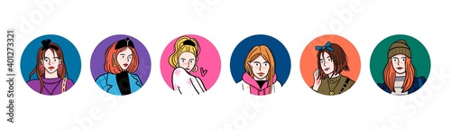 Stylish ladies. Round icons. Portraits of Pretty young women. Fashion models. Fancy look. Cartoon comic, sketch style. Set of six Vector illustrations. Avatar or print template. Social media concept