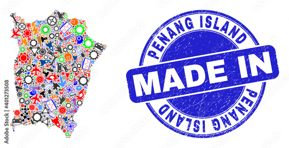 Engineering Penang Island map mosaic and MADE IN distress watermark. Penang Island map abstraction composed with wrenches, gearwheels, tools,items,transports, electric bolts,bugs.