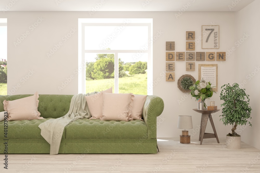 Fototapeta premium White living room with sofa and summer landscape in window. Scandinavian interior design. 3D illustration
