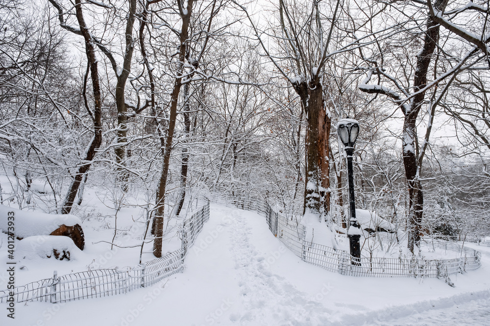 Obraz premium New York City - USA - Dec 17 2020: Winter Morning Snow Storm Hits Central Park New York City