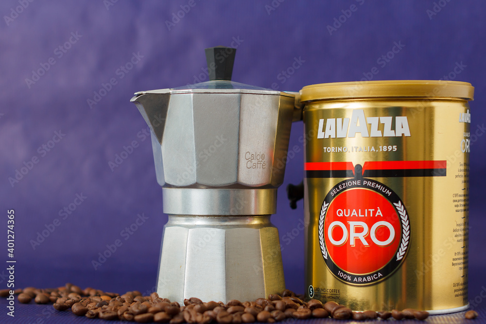 TURIN, ITALY - 2 May 2019: Lavazza Coffee Jar on the Violet Background. Moka  Pot and Lavazza Coffee Package, TURIN, ITALY. An illustrative editorial  image Stock Photo | Adobe Stock