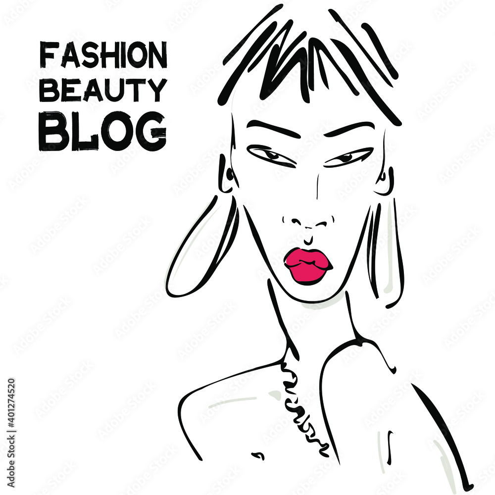 Vector illustration with face of a woman with jewelry and red lips. Hand drawn icon and symbol for print, poster, sticker, card design, invitations to the fashion week, picture for make-up certificate Vector illustration with face of a woman with jewelry and red lips. Hand drawn icon and symbol for print, poster, sticker, card design, invitations to the fashion week, picture for make-up certificate