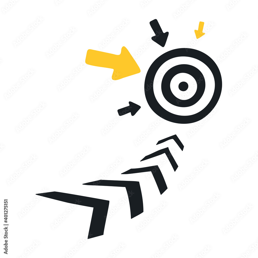 Achievement of the goal, arrows aimed at the target. Flat line vector illustration on white isolated background Achievement of the goal, arrows aimed at the target. Flat line vector illustration on white isolated background
