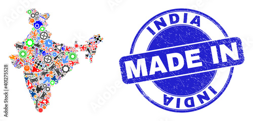 Component India map mosaic and MADE IN scratched rubber stamp. India map mosaic created with wrenches,wheel,instruments,elements,vehicles, electric sparks,details.