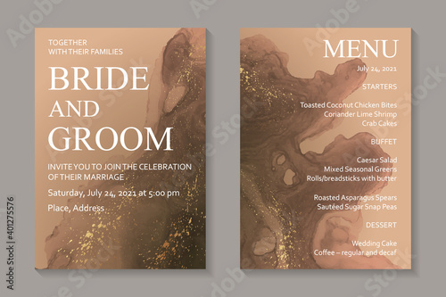 Abstract wedding invitation design or card templates for birthday greeting or certificate or cover with brown watercolor waves or fluid art in alcohol ink style with golden glitter .