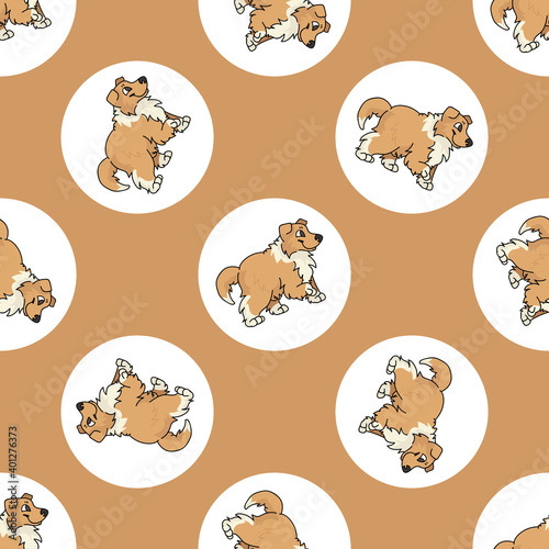 Hand drawn cute Rough Collie dog breed in polka dot seamless vector pattern. Purebread pedigree puppy domestic on dotty background. Dog lover toy dog all over print. Kennel club pooch.  photo