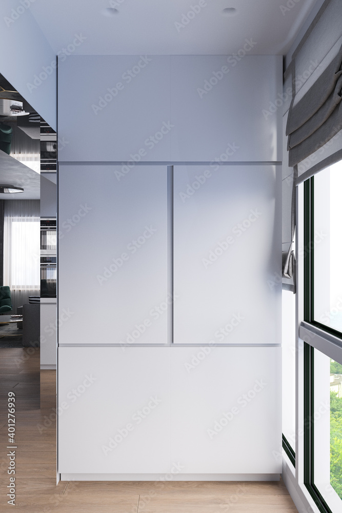 3d render of a kitchen cabinet for making coffee. Modern interior design with a large panoramic window. Luxury interior with daylight 3d render of a kitchen cabinet for making coffee. Modern interior design with a large panoramic window. Luxury interior with daylight
