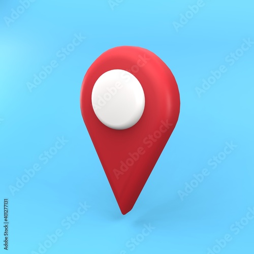 Red location 3D illustration. 3D location sign icon red color on blue background