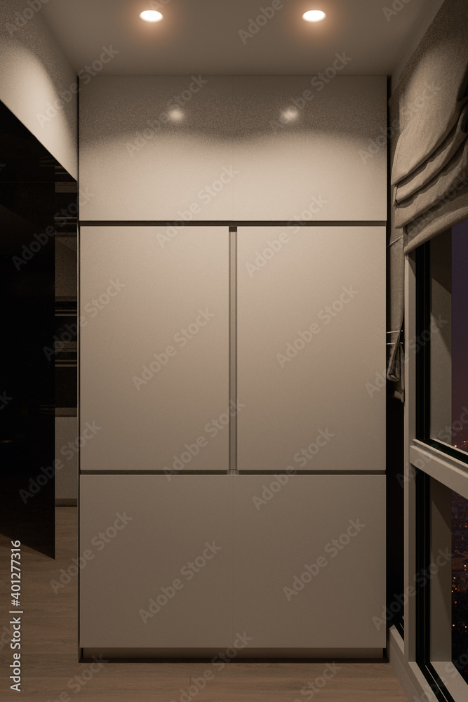 3d render of a kitchen cabinet for making coffee. Modern interior design with a large panoramic window. Luxury interior with night light 3d render of a kitchen cabinet for making coffee. Modern interior design with a large panoramic window. Luxury interior with night light