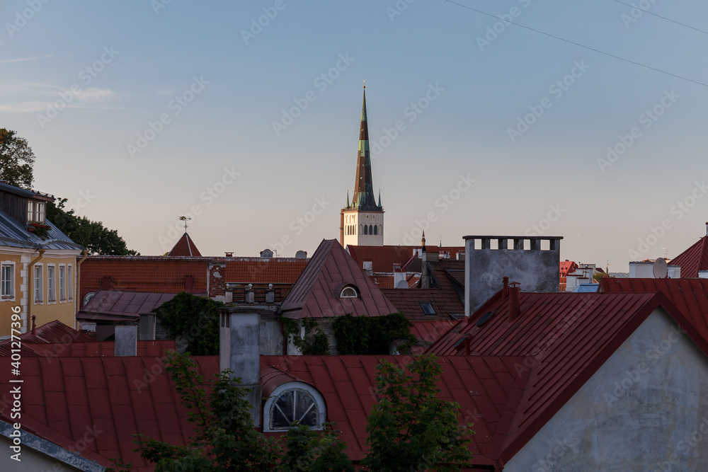 Tallinn old town roof top view. Sunset in summer.