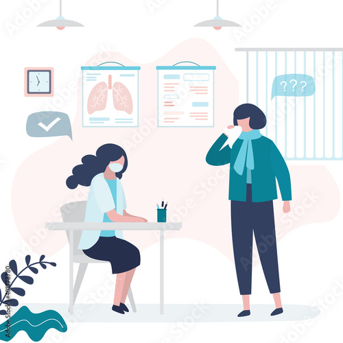 Nurse in protection mask exams patient. Female character at doctor's appointment. Interior of office or cabinet