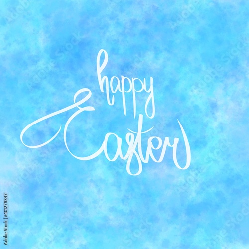 Happy Easter illustration brush hand lettering on blue background. Holiday greeting card or postcard. Cute sign sweet lettered quote. Modern calligraphy. Template for invitation.
