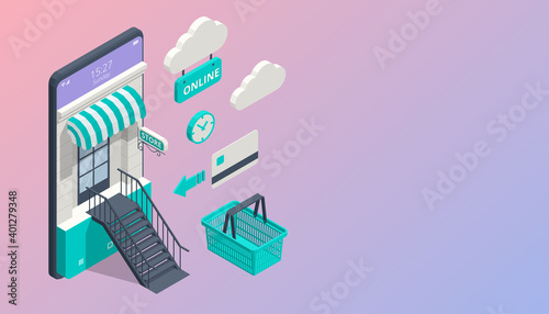Isometric Online Shopping Design Concept. Mobile Phone Represent of Front of Shop Store. Marketing and Digital Marketing