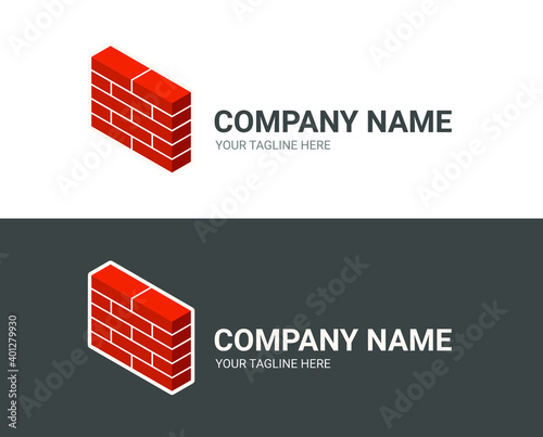 Creative icon concept for a construction or trading company. Modern vector logo template isolated on white and black background. Isometric illustration of new red brick wall. Flat style. 3D.