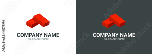 Isometric illustration of two new red bricks. Creative icon concept for a construction or trading company. Modern vector logo template isolated on white and black background. Flat style. 3D.