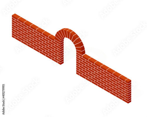 Red brick wall and arch isolated on a white background. Vector illustration. 3D masonry icon in isometric view. Colorful isometric stone architectural arch in flat style. Cartoon vector illustration.