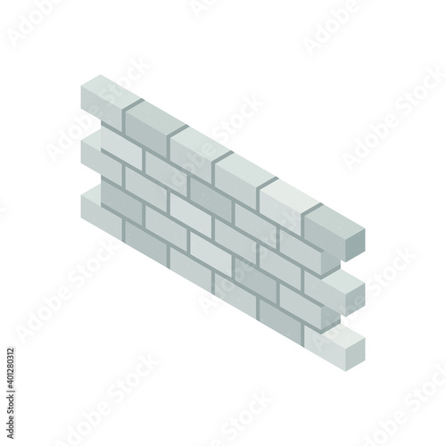 Isometric cinder block wall with cement mortar isolated on white background. White brick wall. Grey brick wall. Concrete building blocks cartoon vector icon. Cement block wall icon. Construction. Flat