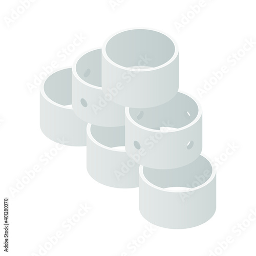 Concrete sewerage and septic tanks well element set, isolated on a white background. Stack of different types concrete ring isometric icon. Building materials. Vector illustration. 3D flat style.