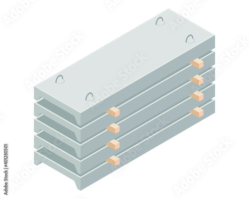 Vector illustration stack of concrete slabs isolated on a white background. Channel plank icon in isometric view. Building materials storage in flat style. Concrete slabs for construction purposes.