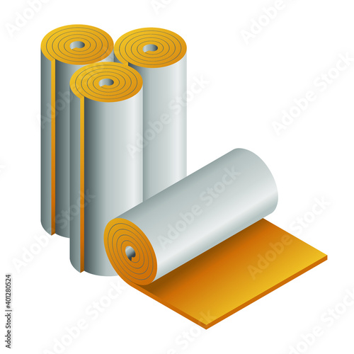 Vector illustration rock wool insulator for heat cold protection. Mineral wool flat vector icon. Rolls of fiberglass insulation material isolated on white background. 3D cartoon glass wool rolls icon.