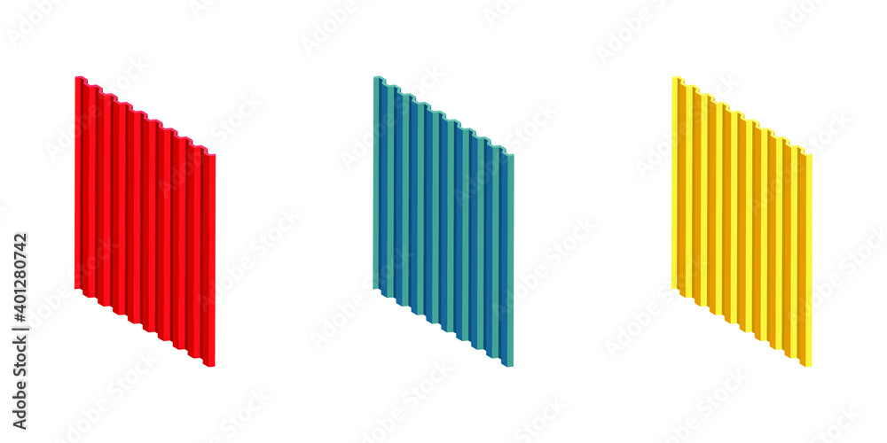Metal roof, metal siding, profiled sheeting for covering or fencing. Galvanized iron sheets isometric vector icon. Corrugated roofing sheets isolated on white background. Colored wavy slate. Metal roof, metal siding, profiled sheeting for covering or fencing. Galvanized iron sheets isometric vector icon. Corrugated roofing sheets isolated on white background. Colored wavy slate.