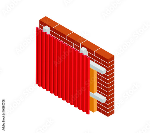 Vector illustration driving insulation brick wall. Isometric red brickwork isolated on white background. Brick and metal siding wall of the house icon. Thermal protection. Material for home repair. 3D