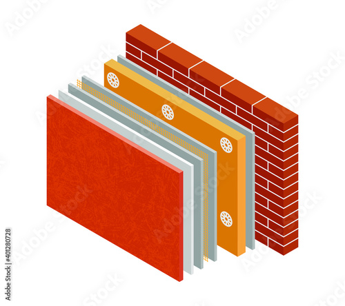 Vector illustration driving insulation brick wall. 3D isometric red brickwork isolated on white background. Thermal external Insulation brick wall and finishing system icon for web. Thermal protection