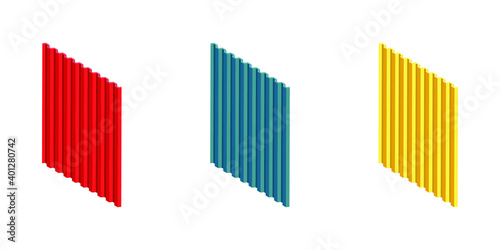 Metal roof, metal siding, profiled sheeting for covering or fencing. Galvanized iron sheets isometric vector icon. Corrugated roofing sheets isolated on white background. Colored wavy slate. 