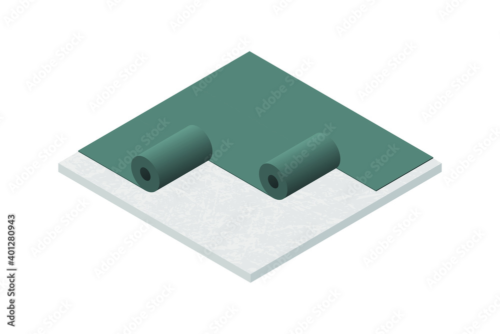 Vector illustration rubber roofing membrane, EPDM or roofing felt installation on low-slope building roof. Flat roof waterproofing with polymer bitumen mastic and ruberoid gradient insulation. Flat 3D Vector illustration rubber roofing membrane, EPDM or roofing felt installation on low-slope building roof. Flat roof waterproofing with polymer bitumen mastic and ruberoid gradient insulation. Flat 3D