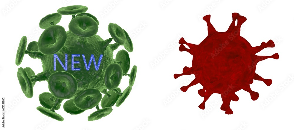 A new strain of coronavirus and an old one. Isolated white background. 3D illustration A new strain of coronavirus and an old one. Isolated white background. 3D illustration
