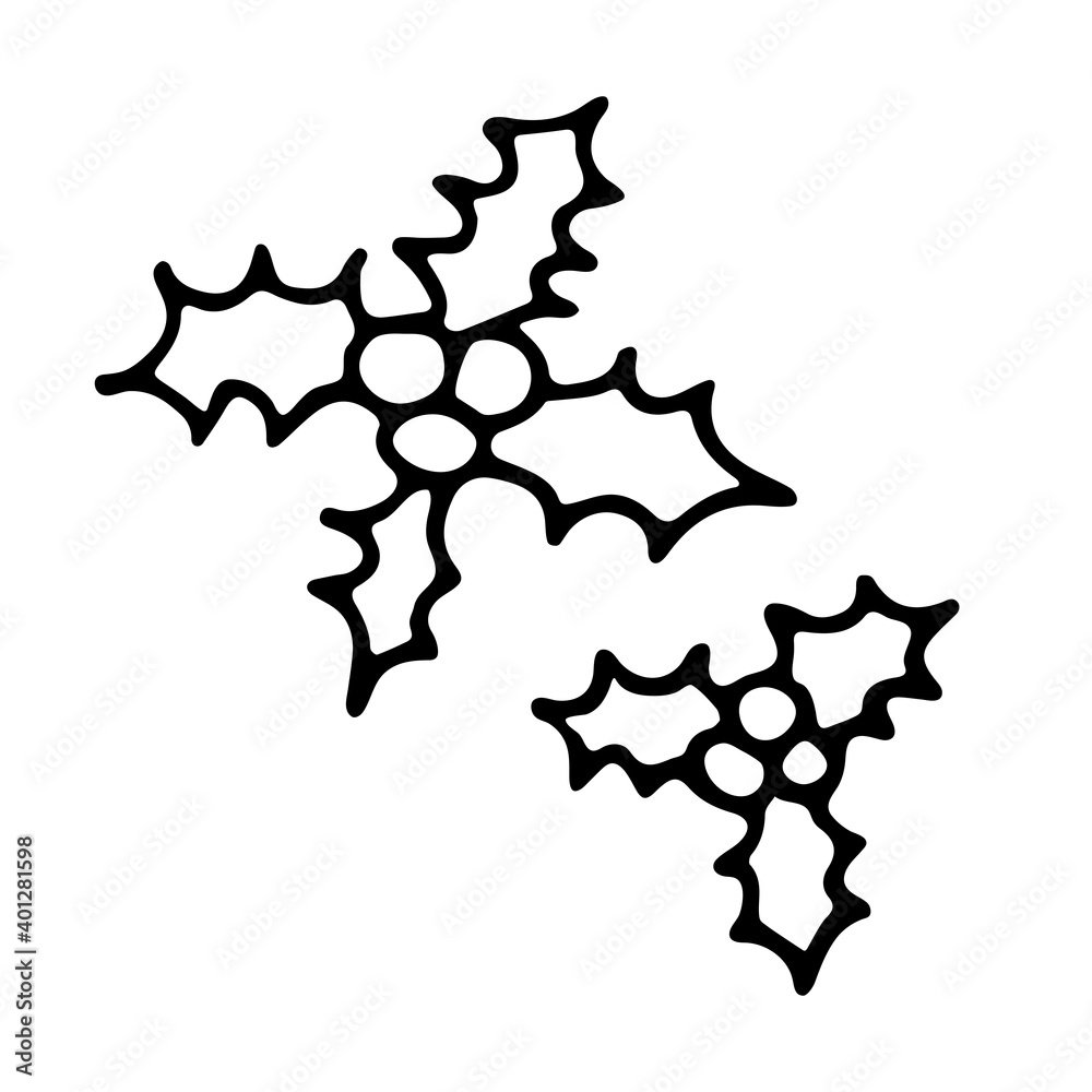 Doodle festive holly set. Hand drawn plant isolated on white background. Outline season sharp leaves. Cute symbol of Happy New Year, Merry Christmas, winter holidays. Vector holly berry illustration Doodle festive holly set. Hand drawn plant isolated on white background. Outline season sharp leaves. Cute symbol of Happy New Year, Merry Christmas, winter holidays. Vector holly berry illustration