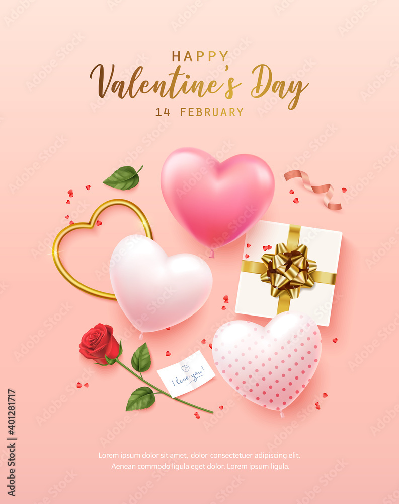 Happy Valentine's Day with calligraphy text. Banner, flyer, poster, greeting card with realistic design elements, gift box, metal hearts, balloons in the shape of heart, strewn with confetti