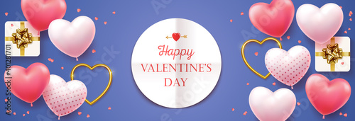 Happy Valentine's Day. Horizontal banner for the website. Romantic background with realistic design elements, gift box, metal hearts, balloons in the shape of heart, strewn with confetti